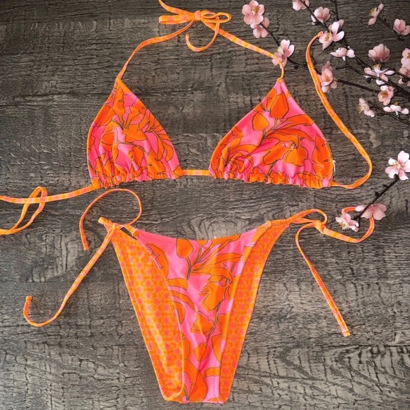 Xhilaration Other - Orange Floral Reversible Triangle Bikini Set Side Tie High Leg L Top M Bottom